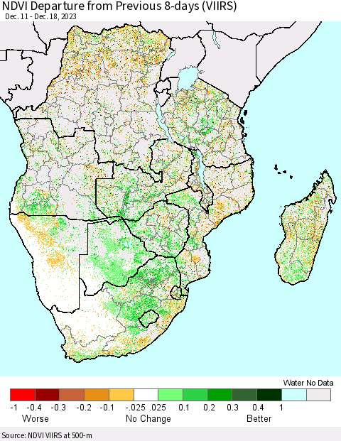 Southern Africa NDVI Departure from Previous 8-days (VIIRS) Thematic Map For 12/11/2023 - 12/18/2023