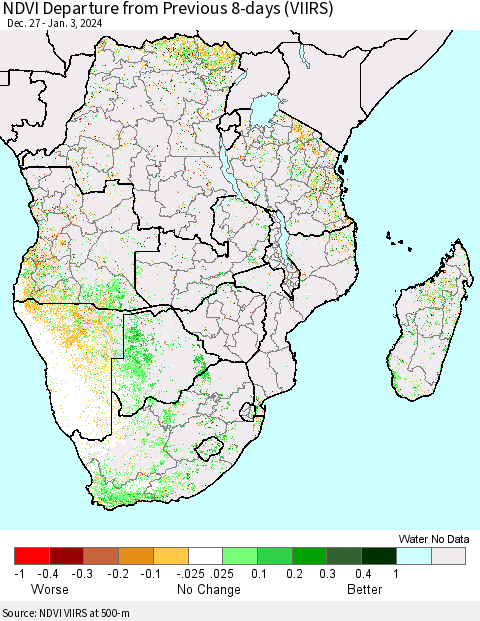 Southern Africa NDVI Departure from Previous 8-days (VIIRS) Thematic Map For 12/27/2023 - 1/3/2024