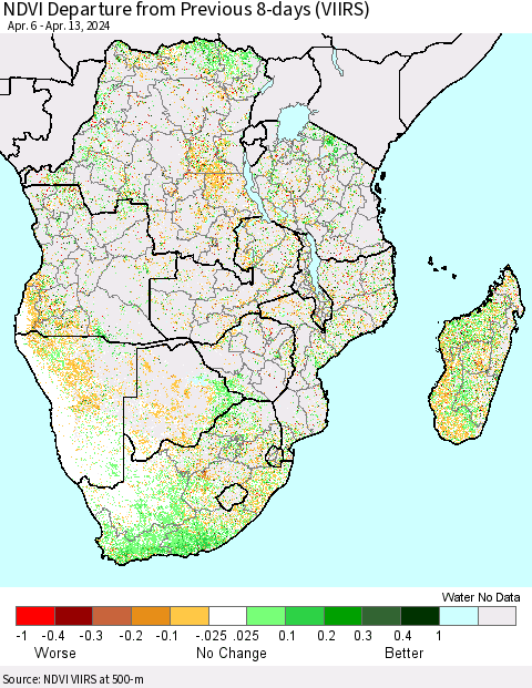 Southern Africa NDVI Departure from Previous 8-days (VIIRS) Thematic Map For 4/6/2024 - 4/13/2024