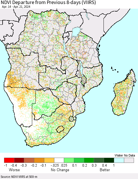 Southern Africa NDVI Departure from Previous 8-days (VIIRS) Thematic Map For 4/14/2024 - 4/21/2024