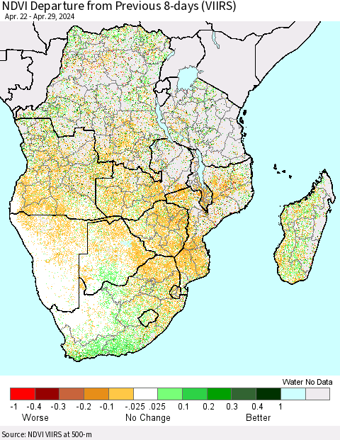 Southern Africa NDVI Departure from Previous 8-days (VIIRS) Thematic Map For 4/22/2024 - 4/29/2024