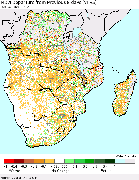Southern Africa NDVI Departure from Previous 8-days (VIIRS) Thematic Map For 4/30/2024 - 5/7/2024