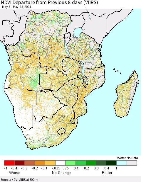 Southern Africa NDVI Departure from Previous 8-days (VIIRS) Thematic Map For 5/8/2024 - 5/15/2024