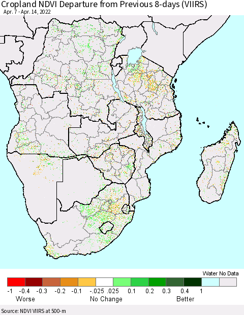 Southern Africa Cropland NDVI Departure from Previous 8-days (VIIRS) Thematic Map For 4/7/2022 - 4/14/2022