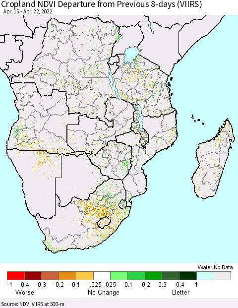 Southern Africa Cropland NDVI Departure from Previous 8-days (VIIRS) Thematic Map For 4/15/2022 - 4/22/2022