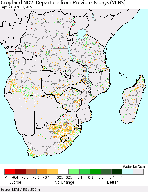 Southern Africa Cropland NDVI Departure from Previous 8-days (VIIRS) Thematic Map For 4/23/2022 - 4/30/2022