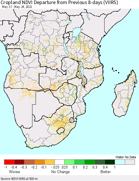 Southern Africa Cropland NDVI Departure from Previous 8-days (VIIRS) Thematic Map For 5/17/2022 - 5/24/2022