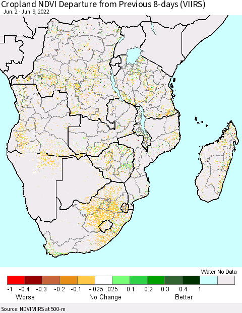 Southern Africa Cropland NDVI Departure from Previous 8-days (VIIRS) Thematic Map For 6/2/2022 - 6/9/2022