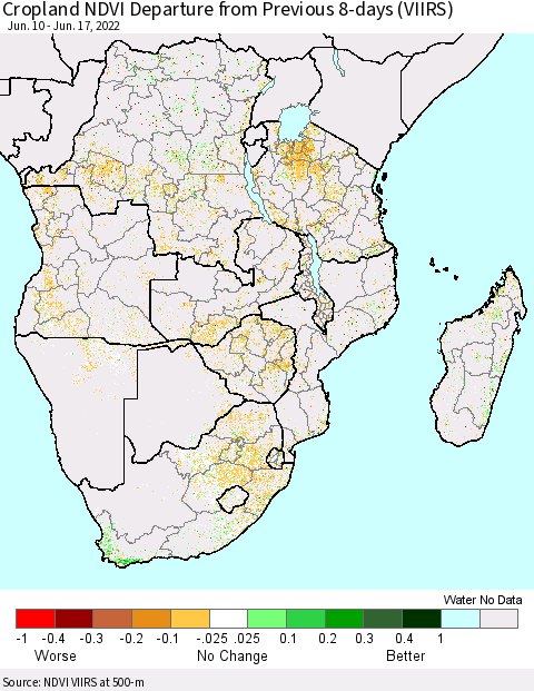 Southern Africa Cropland NDVI Departure from Previous 8-days (VIIRS) Thematic Map For 6/10/2022 - 6/17/2022