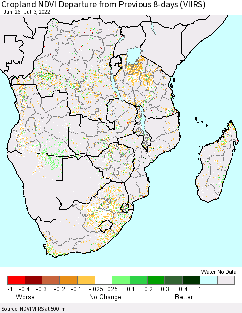 Southern Africa Cropland NDVI Departure from Previous 8-days (VIIRS) Thematic Map For 6/26/2022 - 7/3/2022