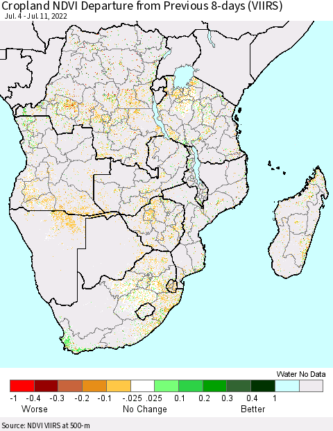 Southern Africa Cropland NDVI Departure from Previous 8-days (VIIRS) Thematic Map For 7/4/2022 - 7/11/2022
