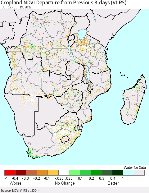 Southern Africa Cropland NDVI Departure from Previous 8-days (VIIRS) Thematic Map For 7/12/2022 - 7/19/2022