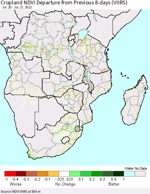Southern Africa Cropland NDVI Departure from Previous 8-days (VIIRS) Thematic Map For 7/20/2022 - 7/27/2022