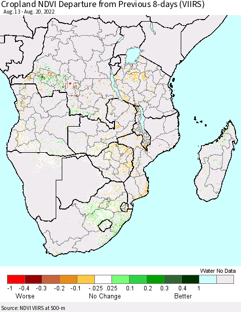 Southern Africa Cropland NDVI Departure from Previous 8-days (VIIRS) Thematic Map For 8/13/2022 - 8/20/2022