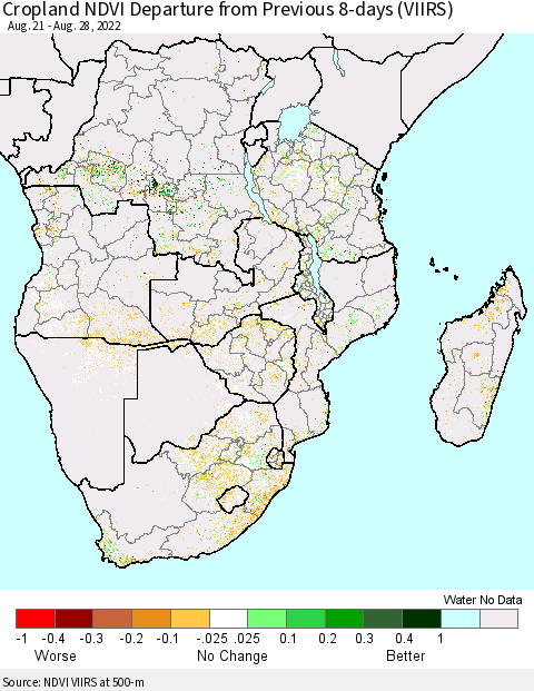 Southern Africa Cropland NDVI Departure from Previous 8-days (VIIRS) Thematic Map For 8/21/2022 - 8/28/2022