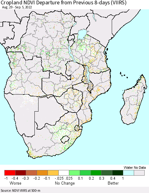 Southern Africa Cropland NDVI Departure from Previous 8-days (VIIRS) Thematic Map For 8/29/2022 - 9/5/2022