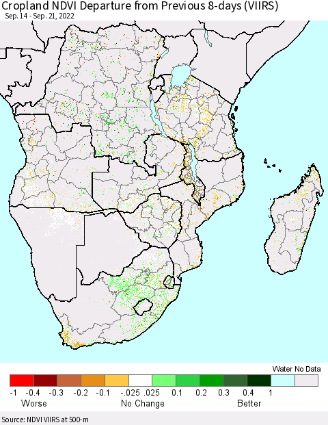 Southern Africa Cropland NDVI Departure from Previous 8-days (VIIRS) Thematic Map For 9/14/2022 - 9/21/2022