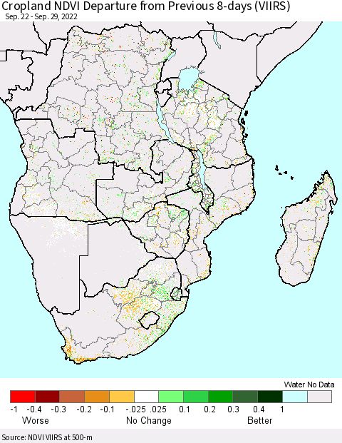 Southern Africa Cropland NDVI Departure from Previous 8-days (VIIRS) Thematic Map For 9/22/2022 - 9/29/2022