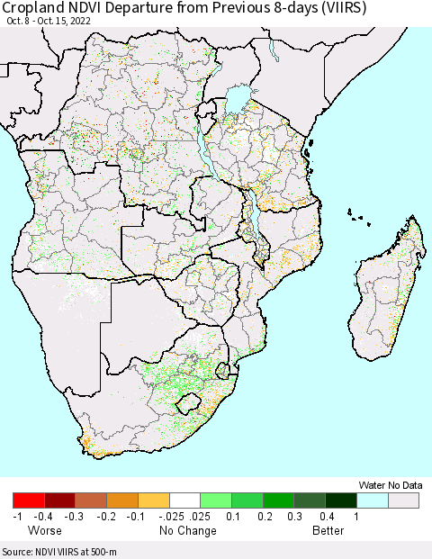 Southern Africa Cropland NDVI Departure from Previous 8-days (VIIRS) Thematic Map For 10/8/2022 - 10/15/2022