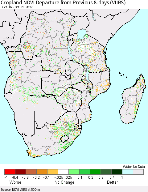 Southern Africa Cropland NDVI Departure from Previous 8-days (VIIRS) Thematic Map For 10/16/2022 - 10/23/2022