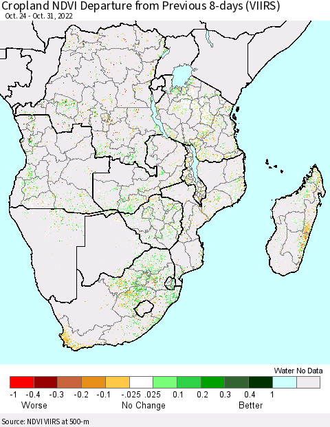 Southern Africa Cropland NDVI Departure from Previous 8-days (VIIRS) Thematic Map For 10/24/2022 - 10/31/2022