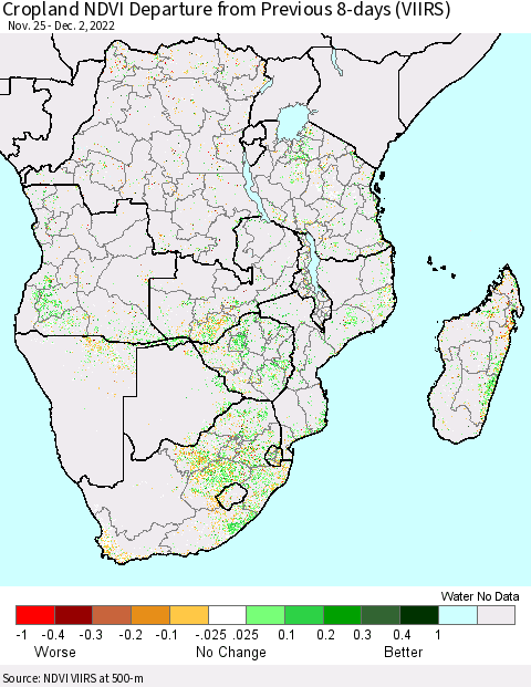 Southern Africa Cropland NDVI Departure from Previous 8-days (VIIRS) Thematic Map For 11/25/2022 - 12/2/2022