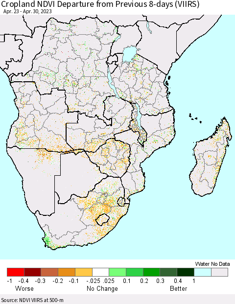Southern Africa Cropland NDVI Departure from Previous 8-days (VIIRS) Thematic Map For 4/23/2023 - 4/30/2023