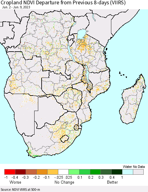 Southern Africa Cropland NDVI Departure from Previous 8-days (VIIRS) Thematic Map For 6/2/2023 - 6/9/2023