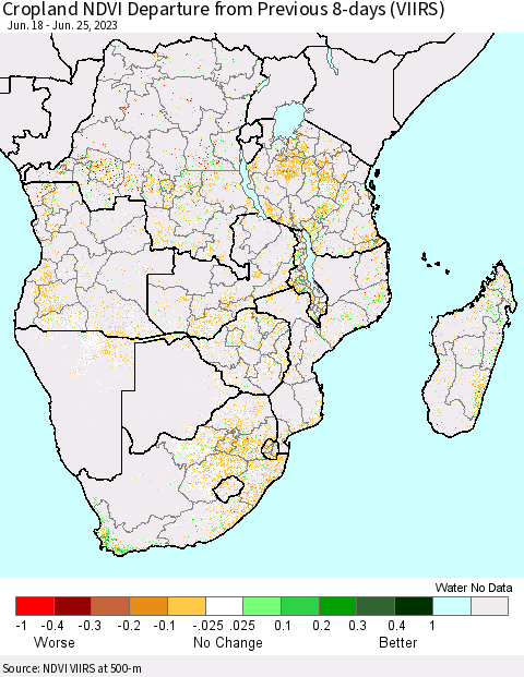 Southern Africa Cropland NDVI Departure from Previous 8-days (VIIRS) Thematic Map For 6/18/2023 - 6/25/2023