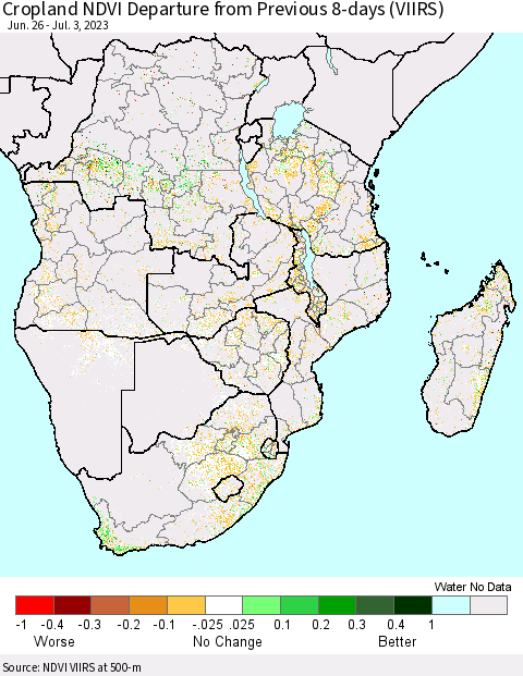 Southern Africa Cropland NDVI Departure from Previous 8-days (VIIRS) Thematic Map For 6/26/2023 - 7/3/2023
