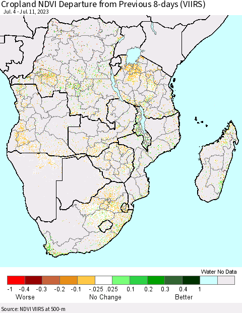 Southern Africa Cropland NDVI Departure from Previous 8-days (VIIRS) Thematic Map For 7/4/2023 - 7/11/2023