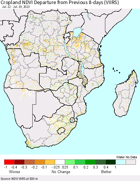 Southern Africa Cropland NDVI Departure from Previous 8-days (VIIRS) Thematic Map For 7/12/2023 - 7/19/2023