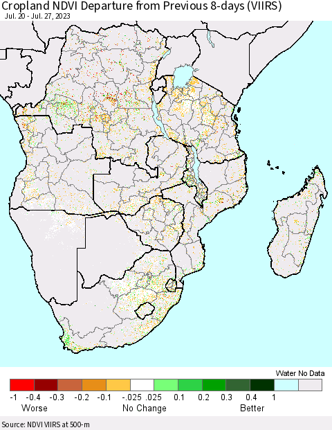 Southern Africa Cropland NDVI Departure from Previous 8-days (VIIRS) Thematic Map For 7/20/2023 - 7/27/2023