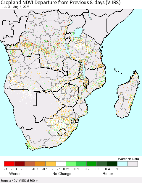 Southern Africa Cropland NDVI Departure from Previous 8-days (VIIRS) Thematic Map For 7/28/2023 - 8/4/2023
