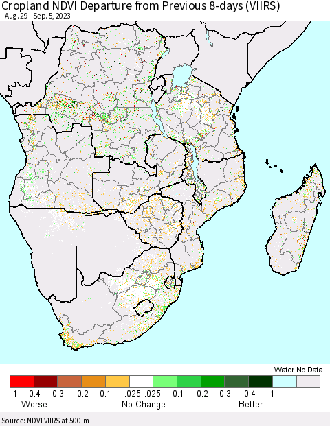 Southern Africa Cropland NDVI Departure from Previous 8-days (VIIRS) Thematic Map For 8/29/2023 - 9/5/2023