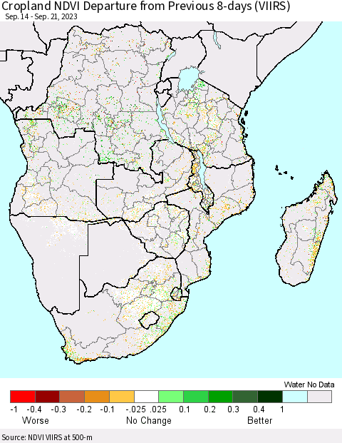 Southern Africa Cropland NDVI Departure from Previous 8-days (VIIRS) Thematic Map For 9/14/2023 - 9/21/2023