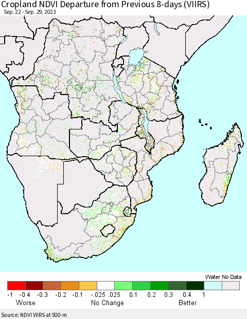 Southern Africa Cropland NDVI Departure from Previous 8-days (VIIRS) Thematic Map For 9/22/2023 - 9/29/2023
