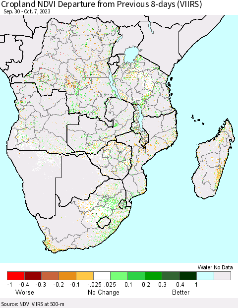 Southern Africa Cropland NDVI Departure from Previous 8-days (VIIRS) Thematic Map For 9/30/2023 - 10/7/2023