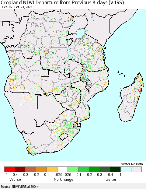 Southern Africa Cropland NDVI Departure from Previous 8-days (VIIRS) Thematic Map For 10/16/2023 - 10/23/2023