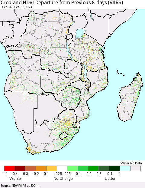 Southern Africa Cropland NDVI Departure from Previous 8-days (VIIRS) Thematic Map For 10/24/2023 - 10/31/2023