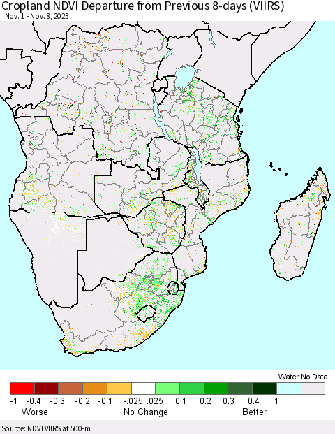 Southern Africa Cropland NDVI Departure from Previous 8-days (VIIRS) Thematic Map For 11/1/2023 - 11/8/2023