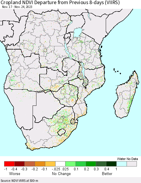 Southern Africa Cropland NDVI Departure from Previous 8-days (VIIRS) Thematic Map For 11/17/2023 - 11/24/2023