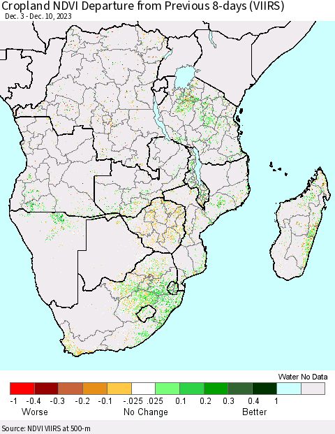 Southern Africa Cropland NDVI Departure from Previous 8-days (VIIRS) Thematic Map For 12/3/2023 - 12/10/2023
