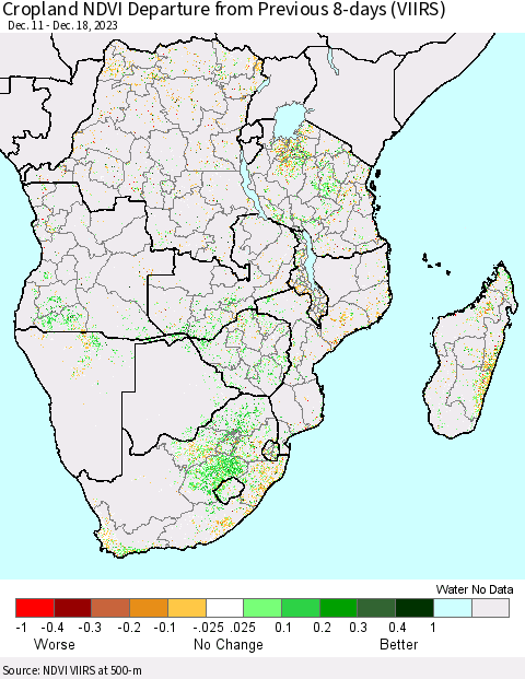 Southern Africa Cropland NDVI Departure from Previous 8-days (VIIRS) Thematic Map For 12/11/2023 - 12/18/2023