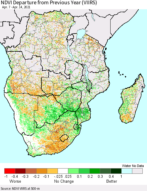 Southern Africa NDVI Departure from Previous Year (VIIRS) Thematic Map For 4/7/2021 - 4/14/2021
