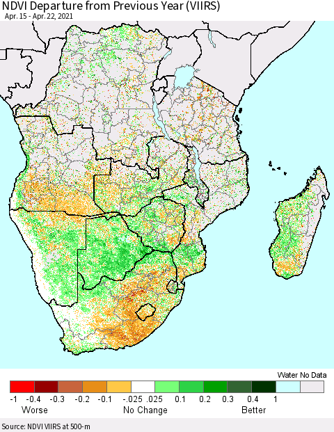 Southern Africa NDVI Departure from Previous Year (VIIRS) Thematic Map For 4/15/2021 - 4/22/2021