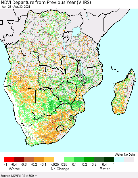 Southern Africa NDVI Departure from Previous Year (VIIRS) Thematic Map For 4/23/2021 - 4/30/2021
