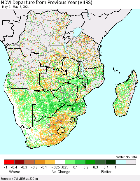 Southern Africa NDVI Departure from Previous Year (VIIRS) Thematic Map For 5/1/2021 - 5/8/2021