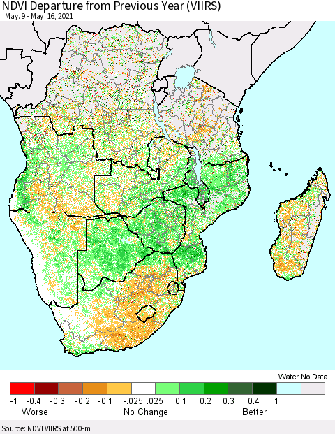 Southern Africa NDVI Departure from Previous Year (VIIRS) Thematic Map For 5/9/2021 - 5/16/2021