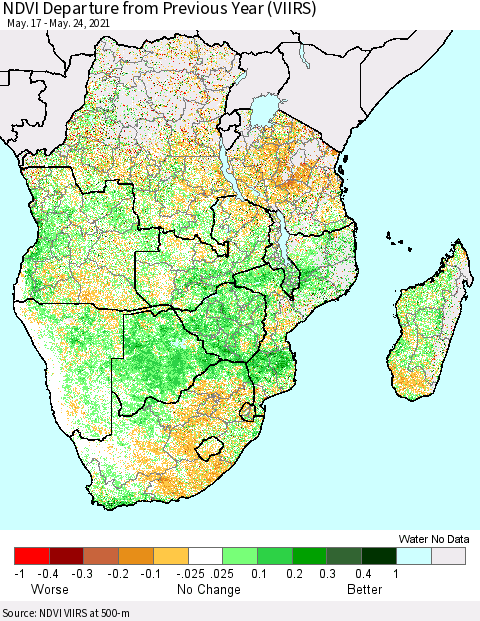 Southern Africa NDVI Departure from Previous Year (VIIRS) Thematic Map For 5/17/2021 - 5/24/2021